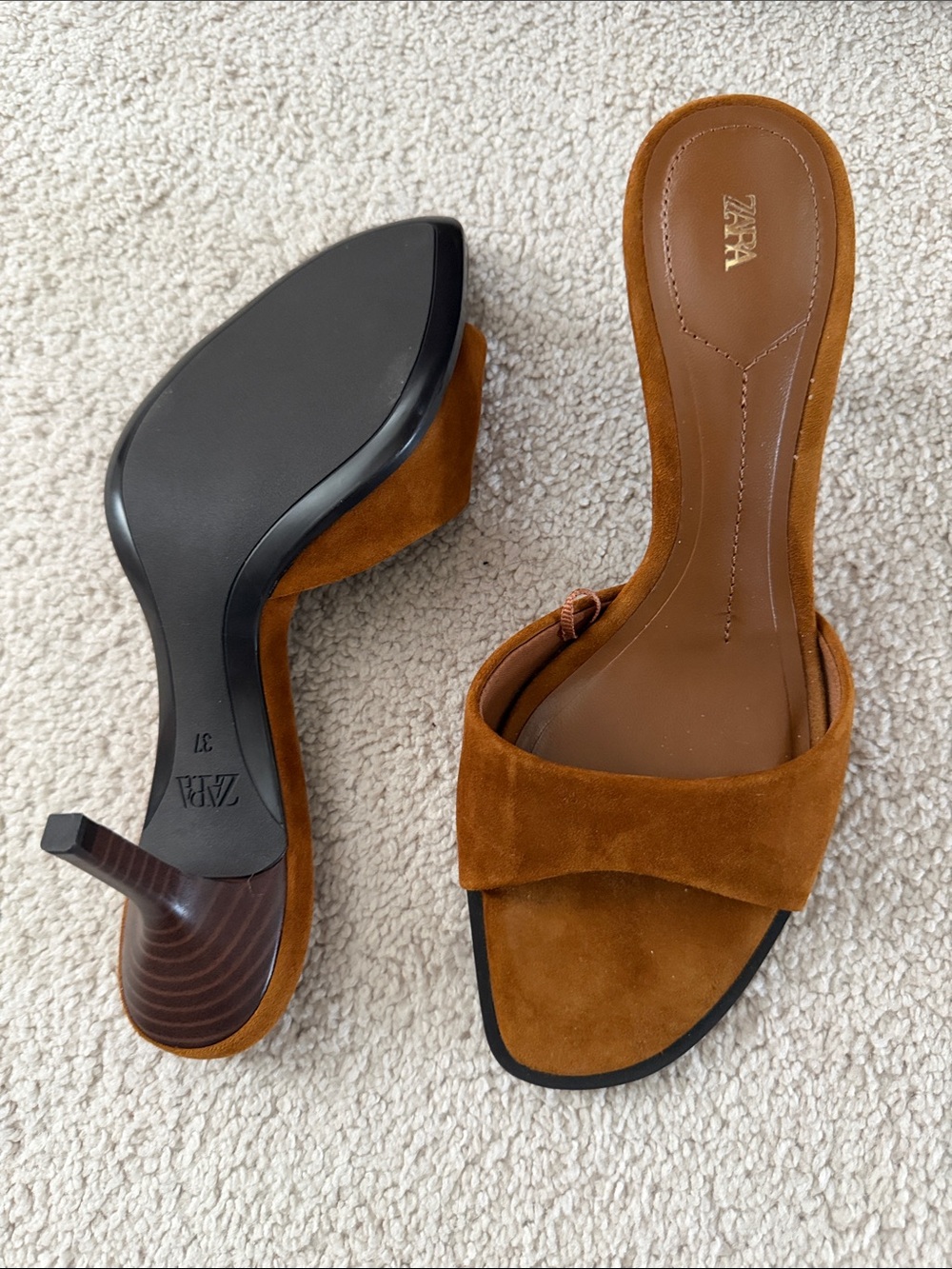 New!! Zara Brown Suede Slip-On Mid Heel Mules - Picture 3 of 6